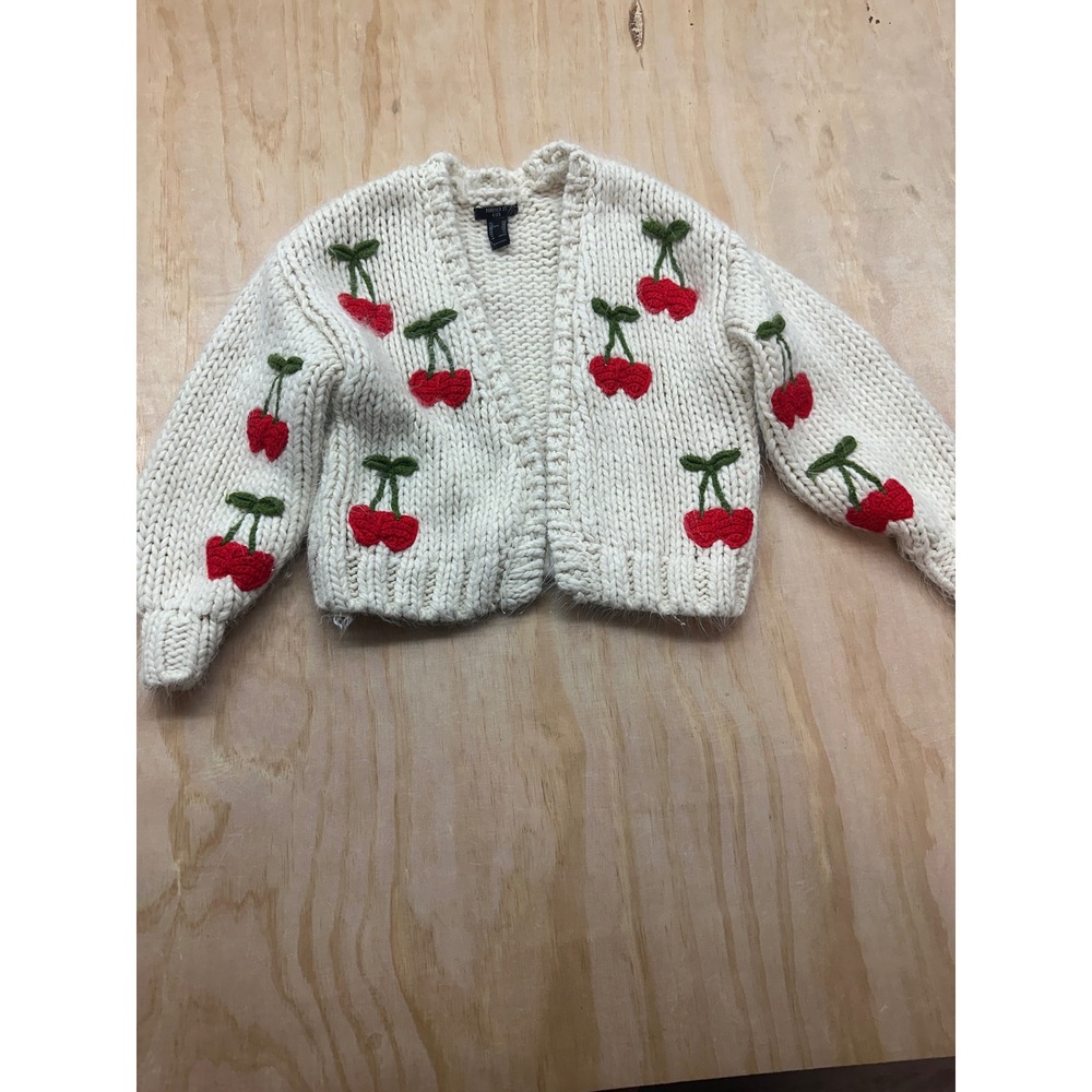 Forever 21 Kids Girls Cream Chunky Knit Cherry Cardigan Sweater Size 5/6 110/62